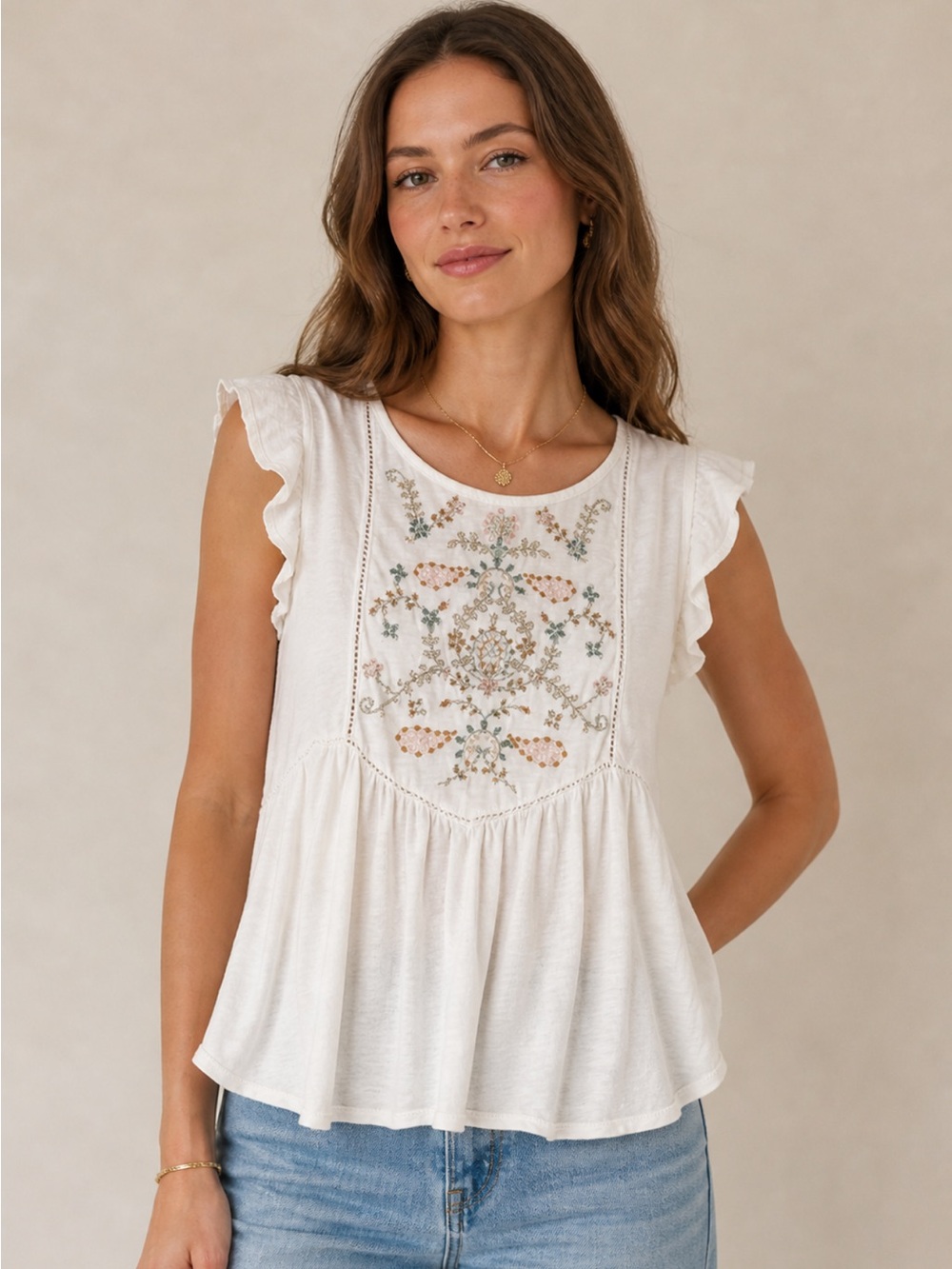 Lucky Brand M White Embroidered Ruffle Sleeve Casual Bohemian Key Hole Floral